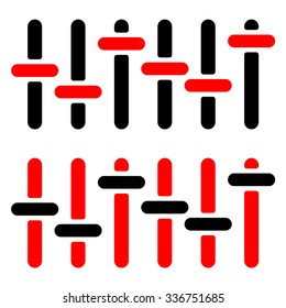 Red and black slider, adjuster, fader silhouettes on white. 