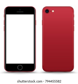 Red Black Smartphone Mockup with Blank Screen Isolated. Realistic Front and Back View For Print, Web, Application. High Detailed Device Mock Up Separate Groups and Layers. Easily Editable Vector.