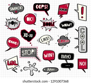 Red and black speech bubbles doodle set. Vector illustration in comic style