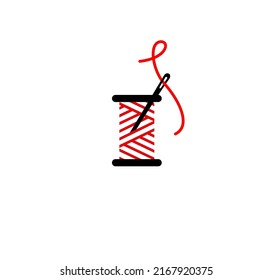 Red and black spool thread sign. concept for embroidery or tailor business. Vector symbol isolated on a white background.