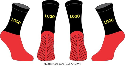 Meias esporte preto vermelho. ilustração vetorial. Meias de futebol vermelho e preto vetorial no fundo branco. Vetor de silhueta de meias. Meias de futebol. Design vetorial editável.