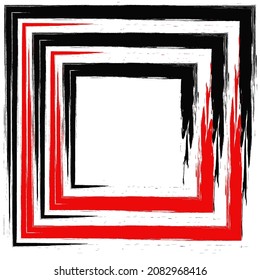 Red and black square frame. Vector illustration. Abstract square outline in black and red ink on a white background. An element of calligraphy in Japanese or Chinese style.