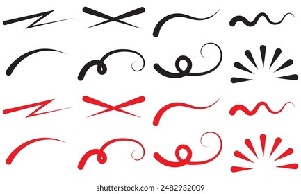 Red and black squiggle brush scribble underline. Marker pen emphasis highlight red swoosh stroke. Vector swoosh brush underline set for accent, marker emphasis squiggle element. Vector. EPS 10