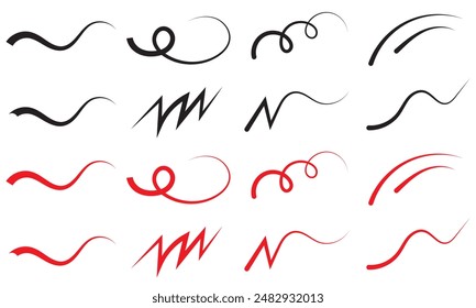 Red and black squiggle brush scribble underline. Marker pen emphasis highlight red swoosh stroke. Vector swoosh brush underline set for accent, marker emphasis squiggle element. Vector. EPS 10