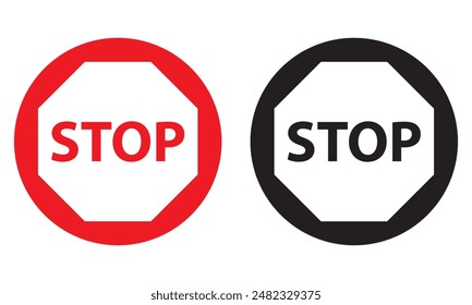 Red and black Stop Hand Icon . Stop sign icon. Simple red and black stop road sign with big hand symbol or icon. Vector illustration. EPS 10