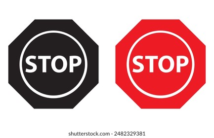 Red and black Stop Hand Icon . Stop sign icon. Simple red and black stop road sign with big hand symbol or icon. Vector illustration. EPS 10