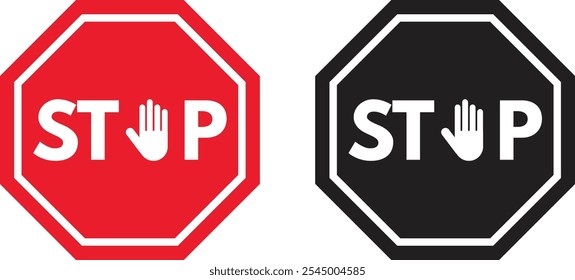 Red and black stop sign with hand . Stop hand sign . Stop traffic sign . Vector illustration