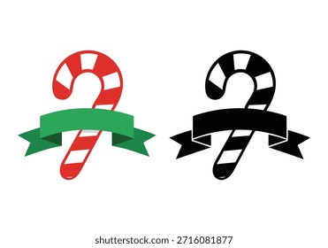 Bastones de caramelo a rayas rojas y negras con cintas verdes y negras, Arte vectorial aislado sobre un fondo blanco.