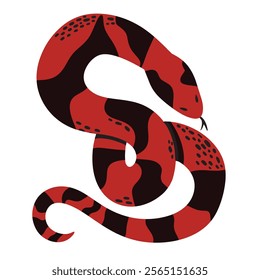 Red and black striped snake flat vector illustration isolated on white background. Chinese New Year 2025 horoscope sign