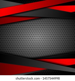 Red and black stripes on dark perforated metallic texture. Abstract technology sci-fi background. Vector design