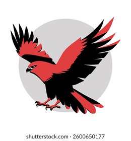 Red and black stylized eagle in flight against a grey circle