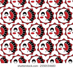 Red Black Sun and Moon Seamless Pattern: A whimsical and playful pattern featuring red and black sun, moon faces in a repeating pattern. Decorative art tile print in Slavic style. Vector illustration