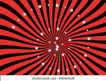 Red and Black Sunburst vector background. Swirl strips with sparkling stars clip art, wallpaper, banner and backdrop.