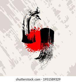 Red and black symbolic peacock or pheasant bird symbol vector illustration. Hand drawn in ink, Japanese grunge style.