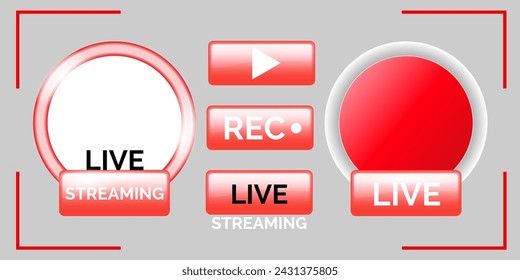 Red and black symbols and buttons of live streaming, broadcasting, online stream. Design for tv shows movies and live performances
