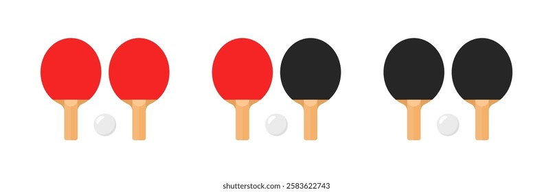 Red and black table tennis paddles with balls on white background. Vector icon