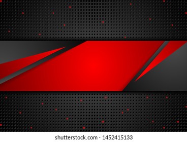 Red and black technology background with paper geometric banner design. Vector illustration with halftone dots