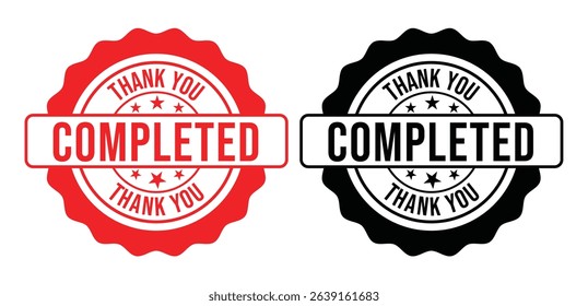Red and black thank you completed stamp, with stars. This image features thank you, completed, stamp, seal, label.