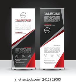Tema rojo y negro Roll Up Banner plantilla, diseño de banners de pie, publicidad, volante y pantalla. Diseño de vectores.