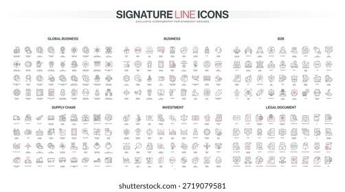Conjunto de iconos de línea delgada roja negra para negocios globales, B2B, cadena de suministro, inversión, conceptos de documentos legales, perfecto para presentaciones corporativas, interfaces de Web, Ilustración vectorial de proyectos de diseño financiero