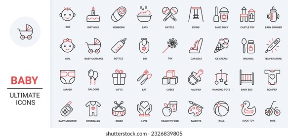Red black thin line icons set for baby care. Toys and rattle for game activity of kid, nappy diaper, pacifier for newborn, bed carriage for infant child, girl boy faces vector illustration