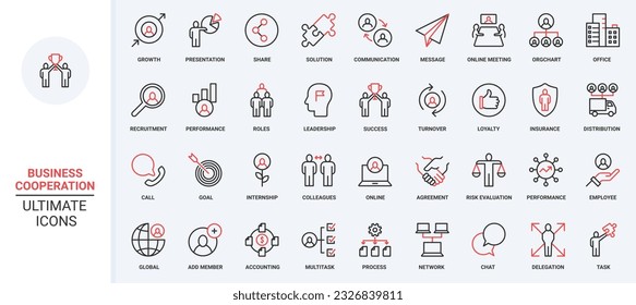 Red black thin line icons set for business cooperation, human resource development, problem solving, company risk insurance, team building and management, leadership assistance vector illustration.