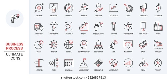 Red black thin line icons set for business process, technology of effective work activity analyze data, team communication, task management, productivity of planning achievement vector illustration.