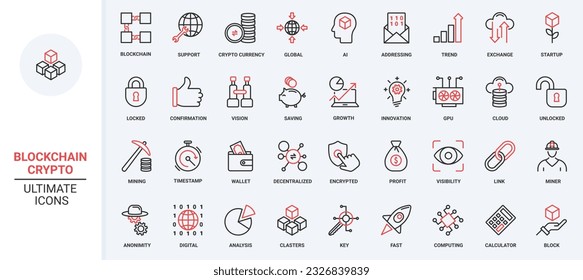 Red black thin line icons set for blockchain, bitcoin, crypto money in digital wallet, data mining in network, cryptocurrency exchange, transaction payment pictogram cryptography vector illustration