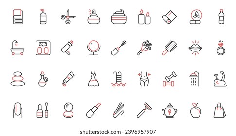 Red black thin line icons set for beauty cosmetics and skin care, including makeup, natural herbal lotion cream, healthy massage, candle spa relax for body health, salon therapy vector illustration.