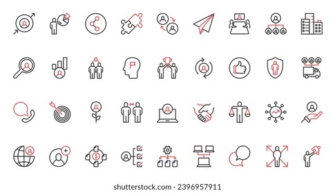 Iconos de línea delgada de color negro rojo para la cooperación empresarial, el desarrollo de recursos humanos, la solución de problemas, el seguro de riesgo de la empresa, la creación y gestión de equipos, la ayuda para el liderazgo ilustran vectores.