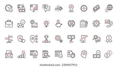 Red black thin line icons set for business communication, commerce, time management, global enterprise organization symbols for finance presentation, briefcase and lightbulb, money vector illustration