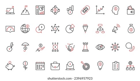 Red black thin line icons set for business strategy, activity process, organization of corporate company growth, control goal solution and idea, assessment of trends sales funnel vector illustration.