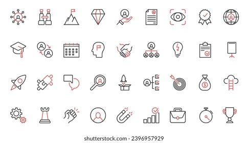 Red black thin line icons set for business challenge and motivation for career growth, professional ambitions and risks, success leadership and launch finance projects vector illustration.