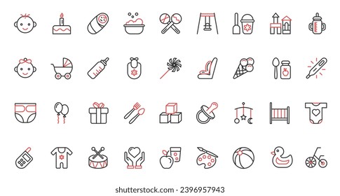 Red black thin line icons set for baby care. Toys and rattle for game activity of kid, nappy diaper, pacifier for newborn, bed carriage for infant child, girl boy faces vector illustration