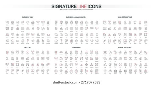 Conjunto de iconos de línea delgada rojo negro con comunicación comercial, reuniones, trabajo en equipo, oratoria pública, discusiones corporativas, ideal para presentaciones de oficina e Ilustración vectorial de interfaces de Web
