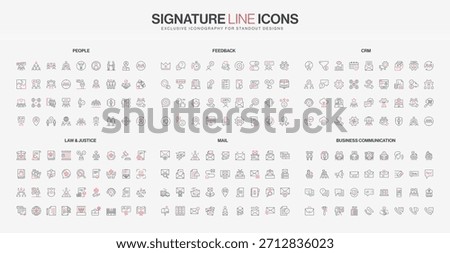 Red and black thin line icons set covering people, feedback, CRM, business communication, law, and mail topics, ideal for web design, corporate branding, and business presentations vector illustration