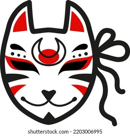 Red black traditional japanese kitsune mask with ribbon vector icon illustration isolated on white background. Vector art kitsune fox wolf mask. Cute cartoon kitsune simple minimal style.