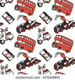 Red and black transport logo on white backdrop. Travel stuff seamless pattern for wallpaper, wrap paper, bath tile or bed linen. Phone case or cloth print art. Minimal style stock vector illustration