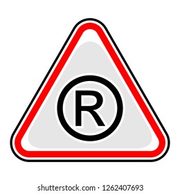 Red and black triangular sticker with registered trademark sign. Triangle hazard, warning, danger symbol. This design graphic element is saved as a vector illustration in the EPS file format.
