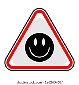 Red and black triangular sticker with smiley face sign. Triangle hazard, warning, danger symbol. This design graphic element is saved as a vector illustration in the EPS file format.