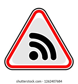 Red and black triangular sticker with Wi-Fi signal icon or RSS sign. Triangle hazard, warning, danger symbol. This design graphic element is saved as a vector illustration in the EPS file format.