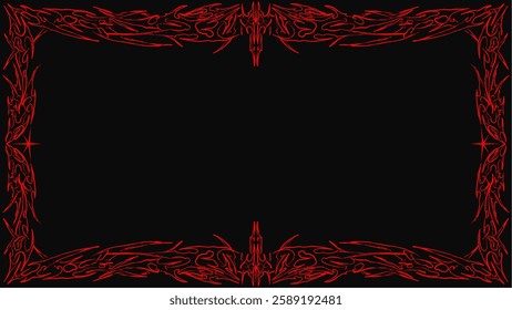 Red and black tribal frame with sharp, symmetrical edges. Ideal for gothic borders, dark artwork, heavy metal aesthetics, and occult themes