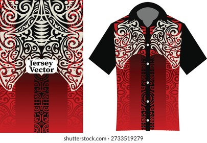 Red and Black Tribal Pattern Jersey Design, Polynesian Tribal Shirt Tattoo Style, Hawaiian, traditional, cultural dress, Samoan Maori People Of New Zealand, Tribal T-Shirt Design Feat Vector Print Template.