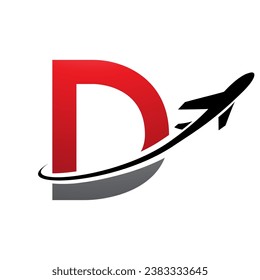 Red and Black Uppercase Letter D Icon with an Airplane on a White Background