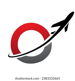 Red and Black Uppercase Letter O Icon with an Airplane on a White Background