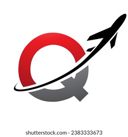 Red and Black Uppercase Letter Q Icon with an Airplane on a White Background