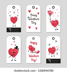 Red and black Valentines day gift tags set with cartoon hearts.