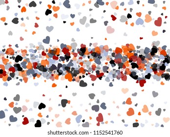 Red black Valentine's day scatter of doodle hearts banner card template. Flying heart confetti vector pattern. Holiday decoration with tenderness symbols confetti flying, love beautiful background