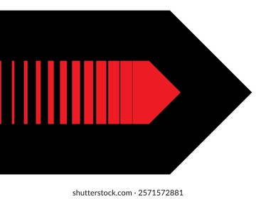 Red and black vector arrow on a white background in Bauhaus style. Striped design element. Pointer, Navigation. Modern vector background from lines