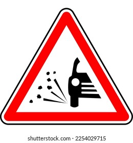 Red and black vector graphic of a loose chippings sign. The sign consists of a red warning triangle with the silhouette of a car throwing up gravel chippings